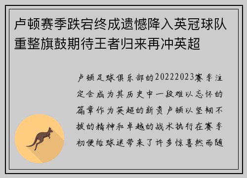 卢顿赛季跌宕终成遗憾降入英冠球队重整旗鼓期待王者归来再冲英超