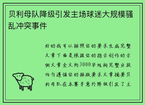 贝利母队降级引发主场球迷大规模骚乱冲突事件 贝利母队降级引发主场球迷大规模骚乱冲突事件